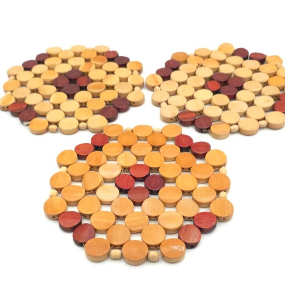 Handmade Wooden Beaded Round Trivets - Set Of 3 For Hot Pots & Pans